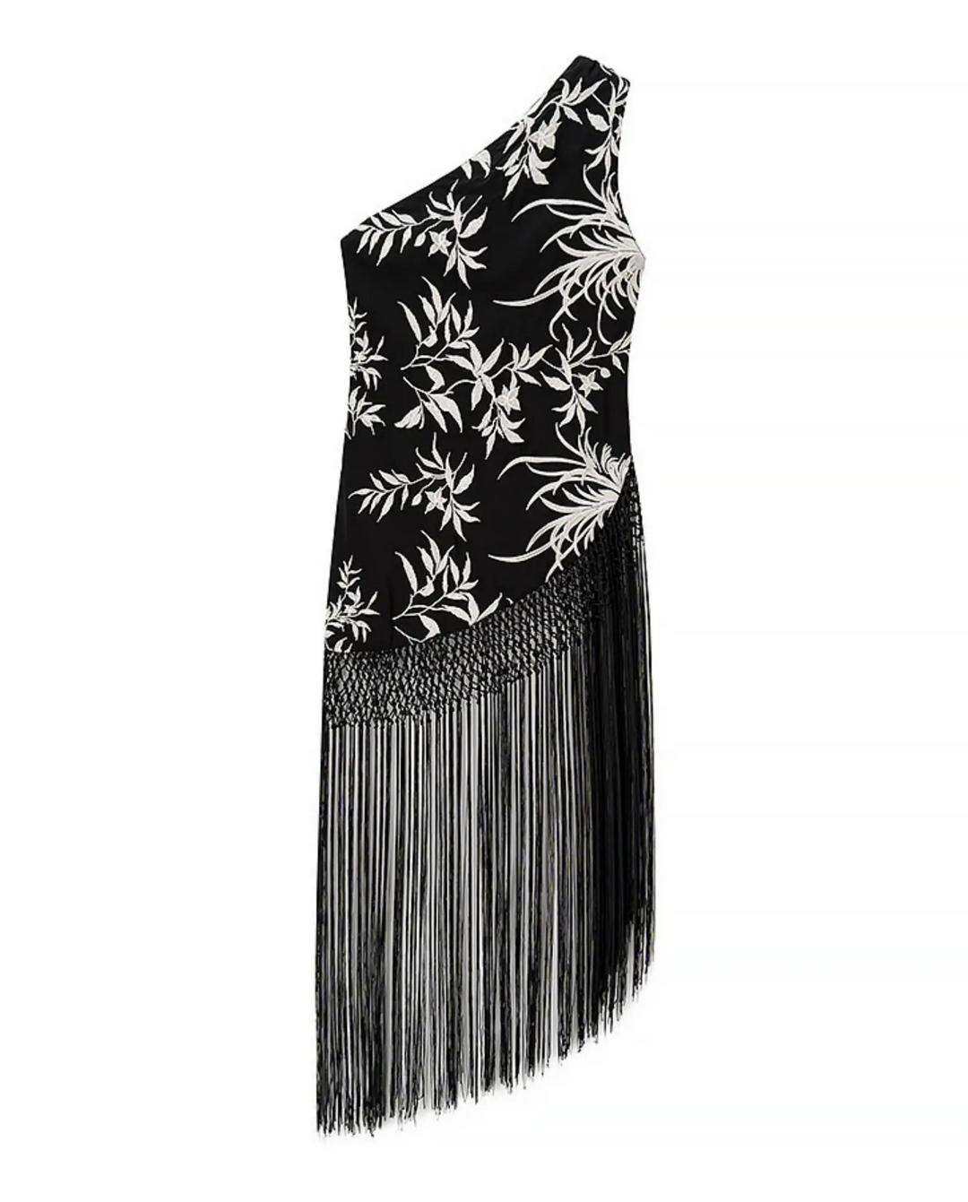SOLACE  Black Floral Print One Shoulder Fringe Mini Dress 