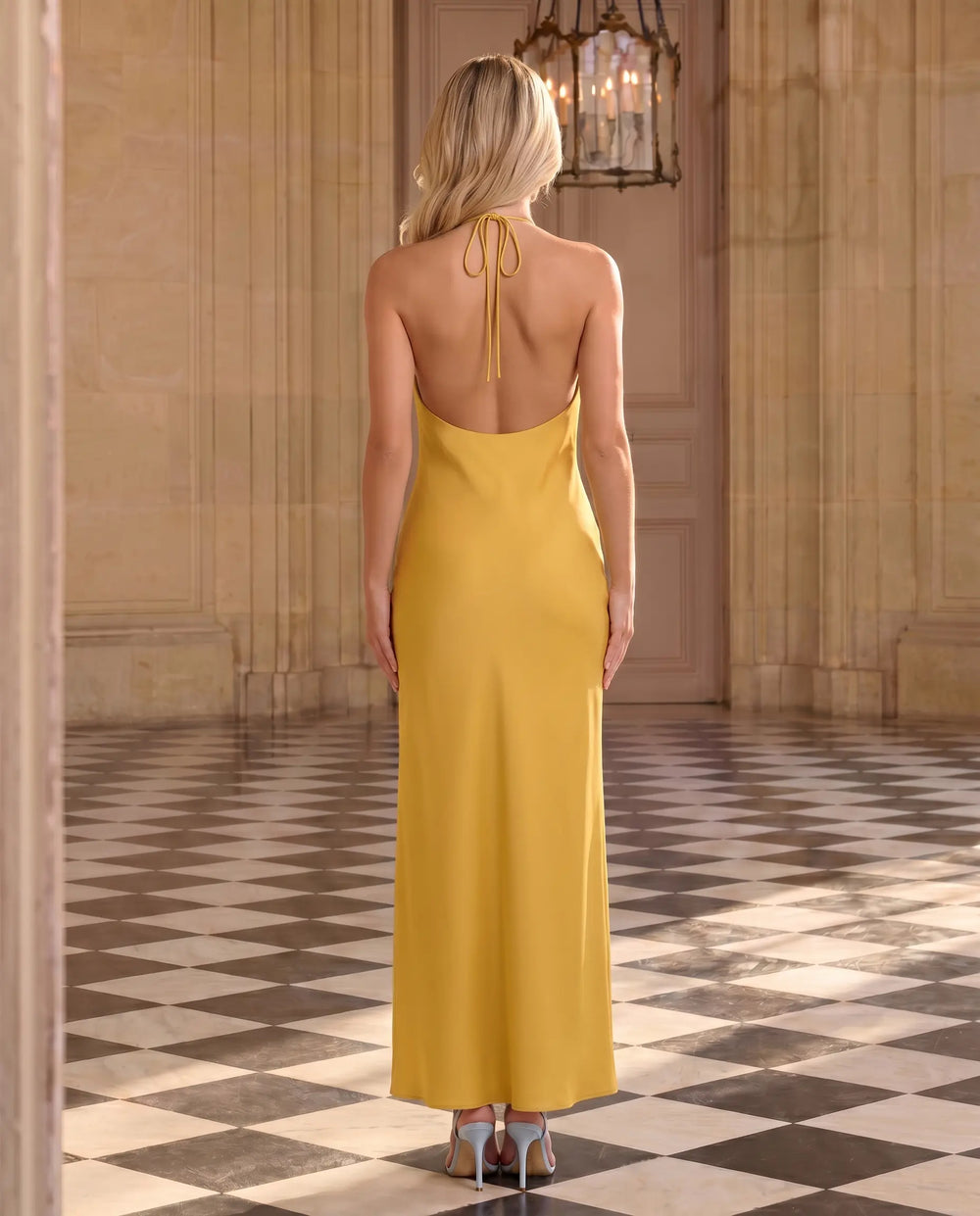 SOLACE  Yellow 3D Floral Applique Satin Slim Fit Midi Dress 