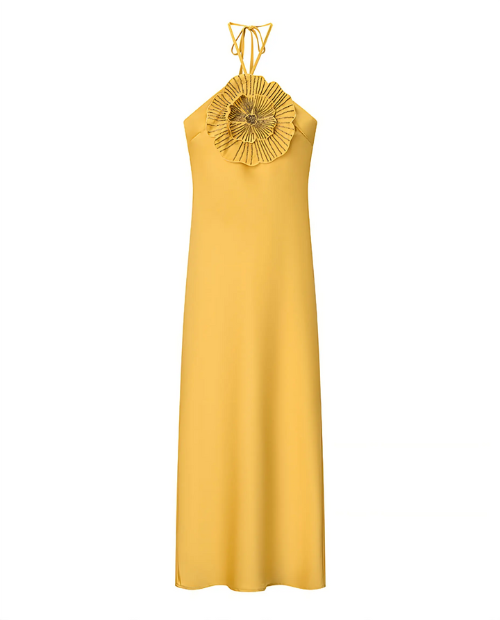 SOLACE  Yellow 3D Floral Applique Satin Slim Fit Midi Dress 