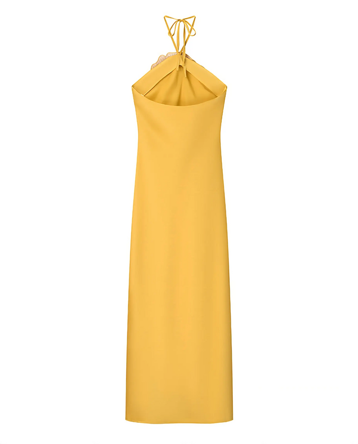 SOLACE  Yellow 3D Floral Applique Satin Slim Fit Midi Dress 