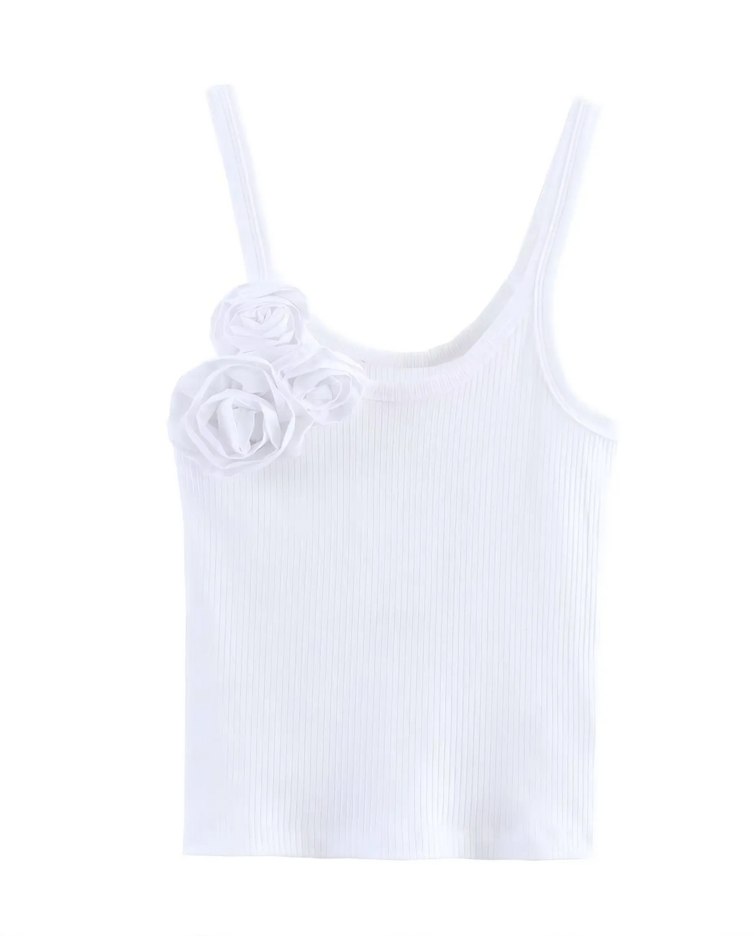 SOLACE  White 3D Flower Applique Ribbed Knit Regular Length Tank Top 