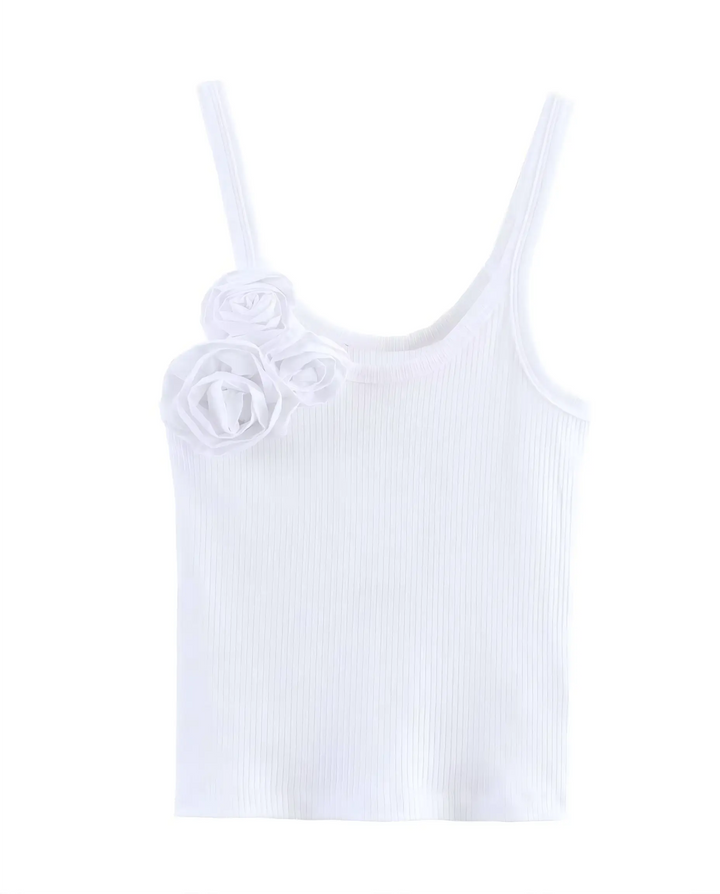 SOLACE  White 3D Flower Applique Ribbed Knit Regular Length Tank Top 