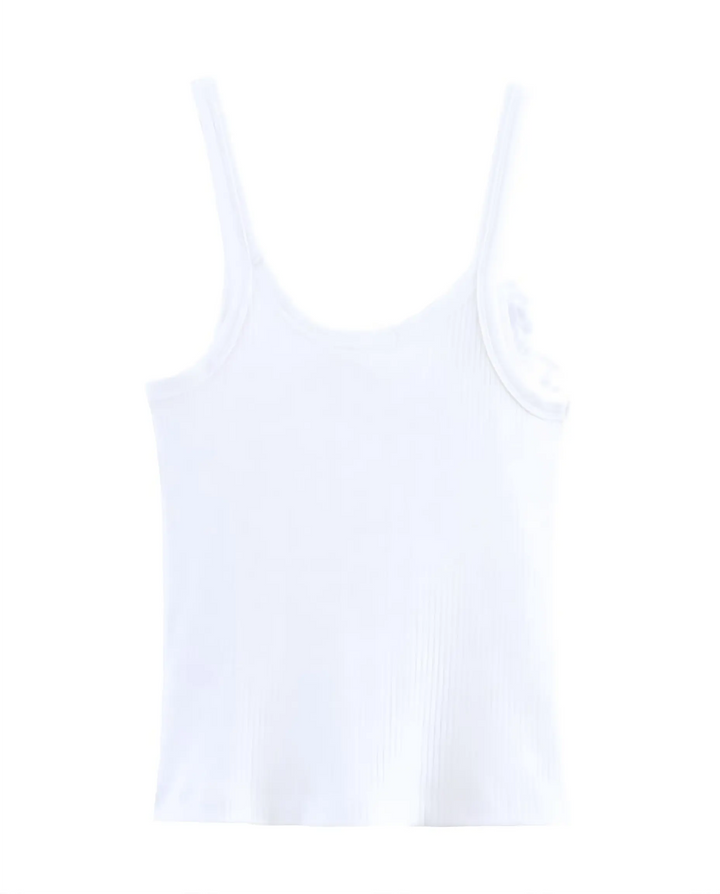 SOLACE  White 3D Flower Applique Ribbed Knit Regular Length Tank Top 