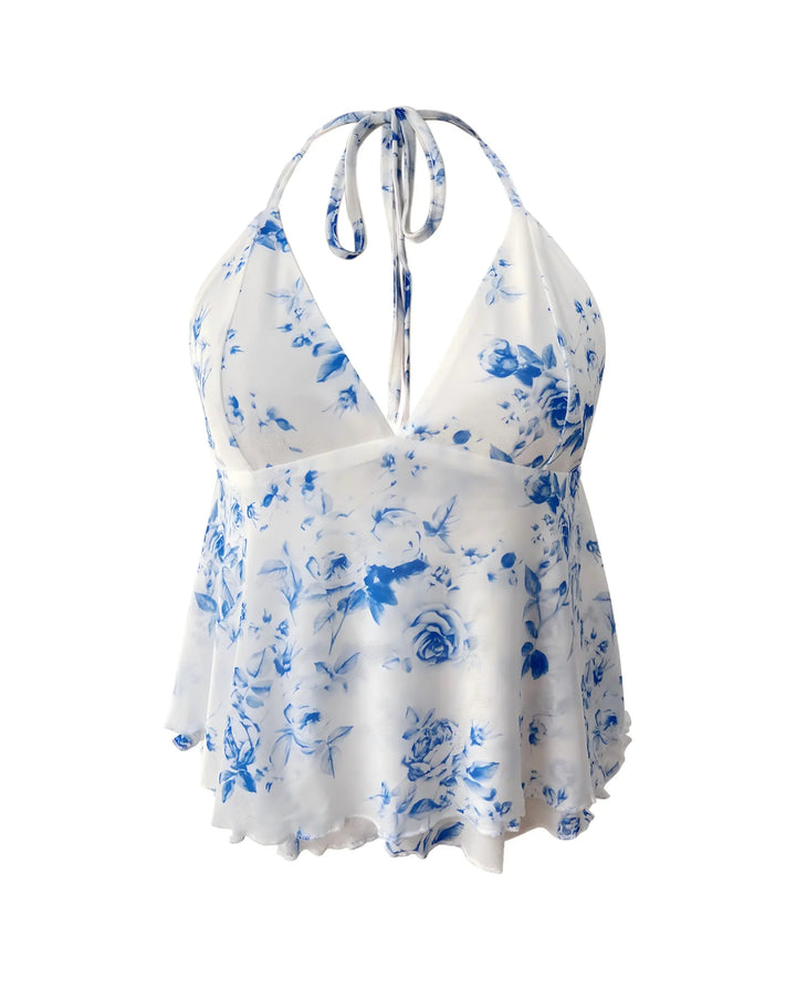 SOLACE  White Floral Print Backless Halter Neck Peplum Cropped Top 