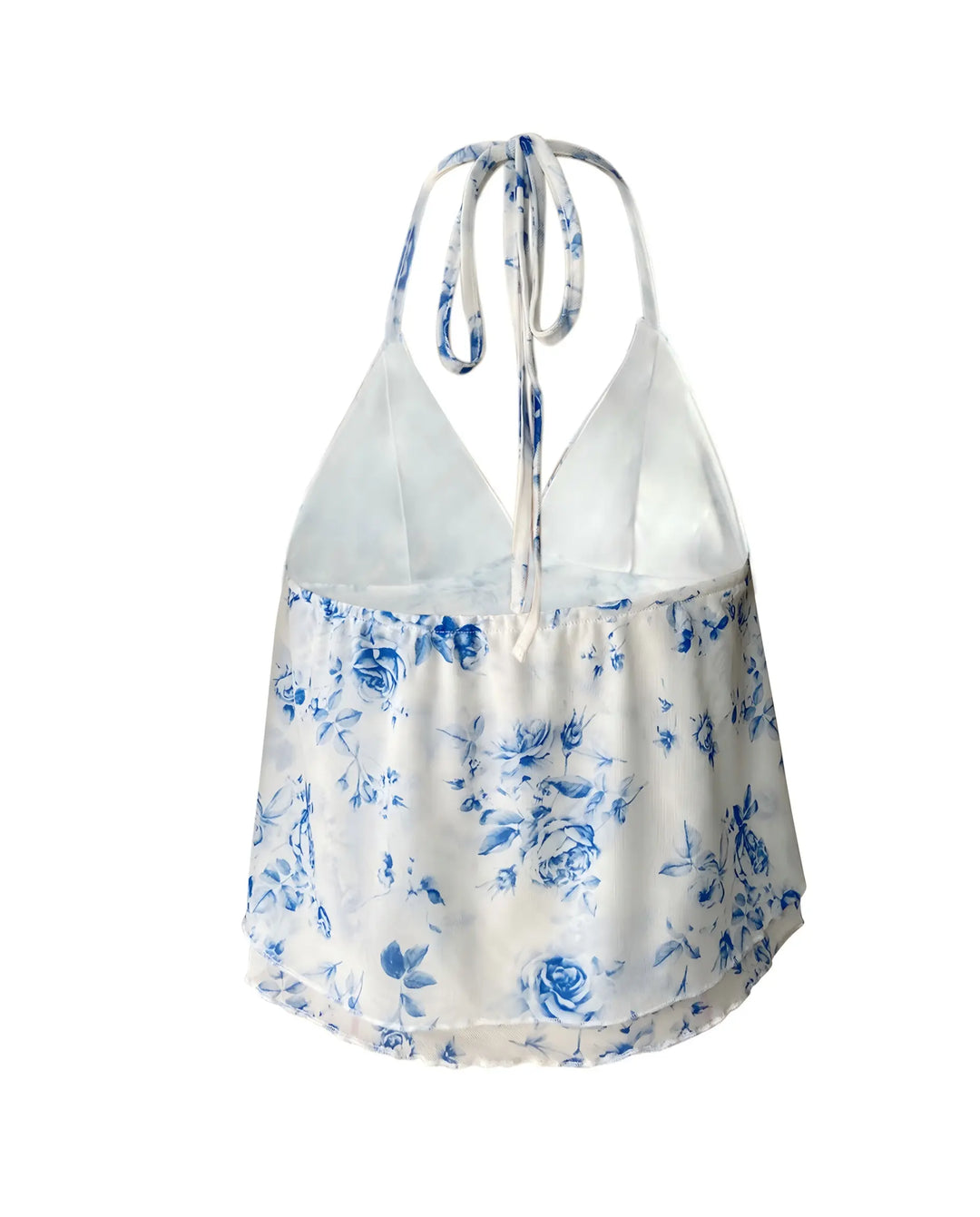 SOLACE  White Floral Print Backless Halter Neck Peplum Cropped Top 
