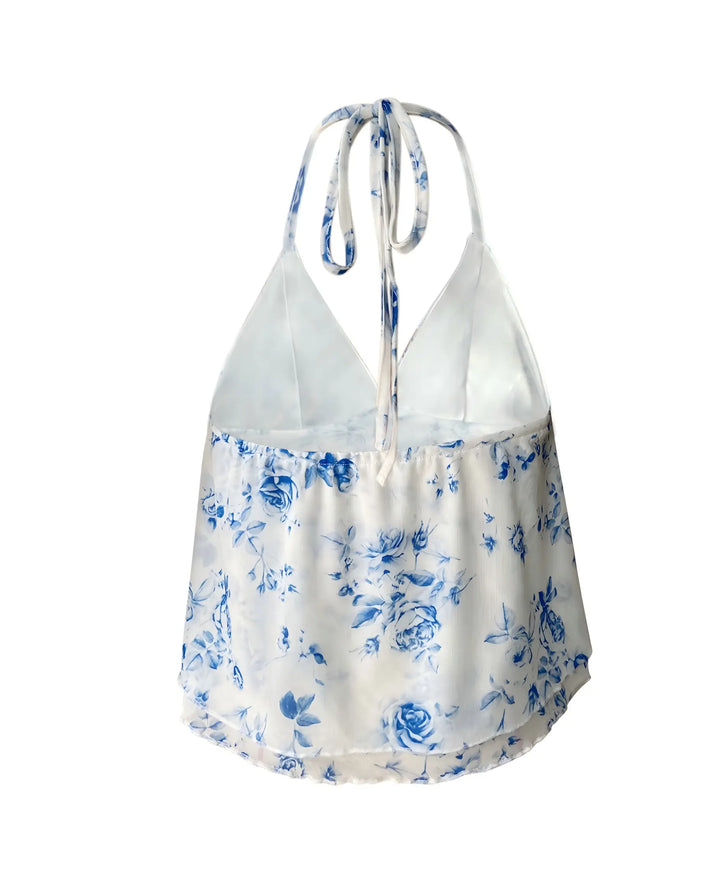 SOLACE  White Floral Print Backless Halter Neck Peplum Cropped Top 