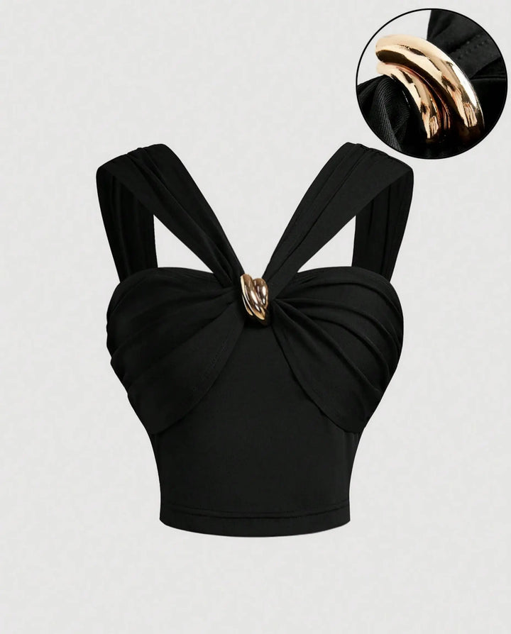 SOLACE  Black Metal Ring Twist Knit Crop Top 