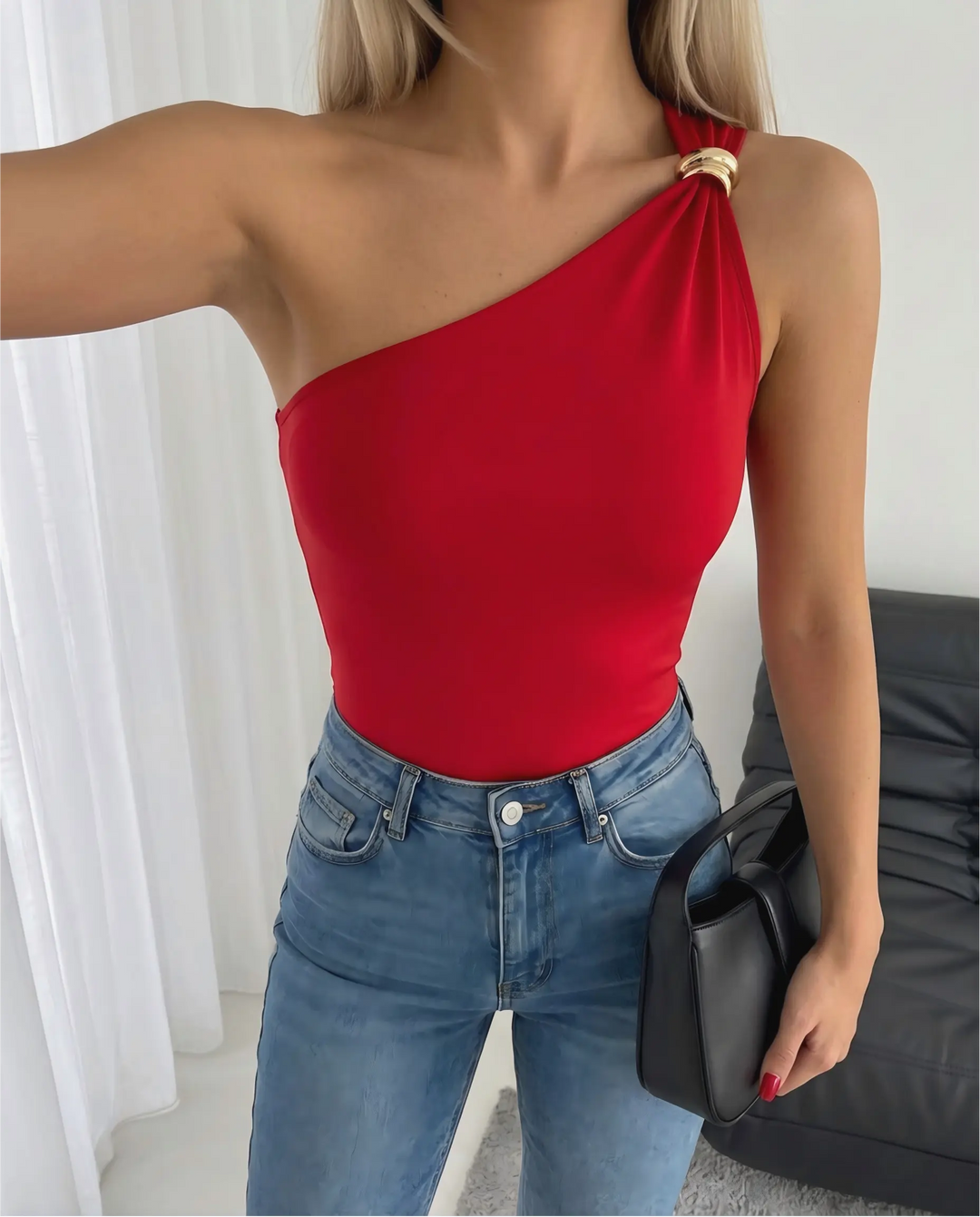 SOLACE  Red One Shoulder Top with Gold Ring Detail 