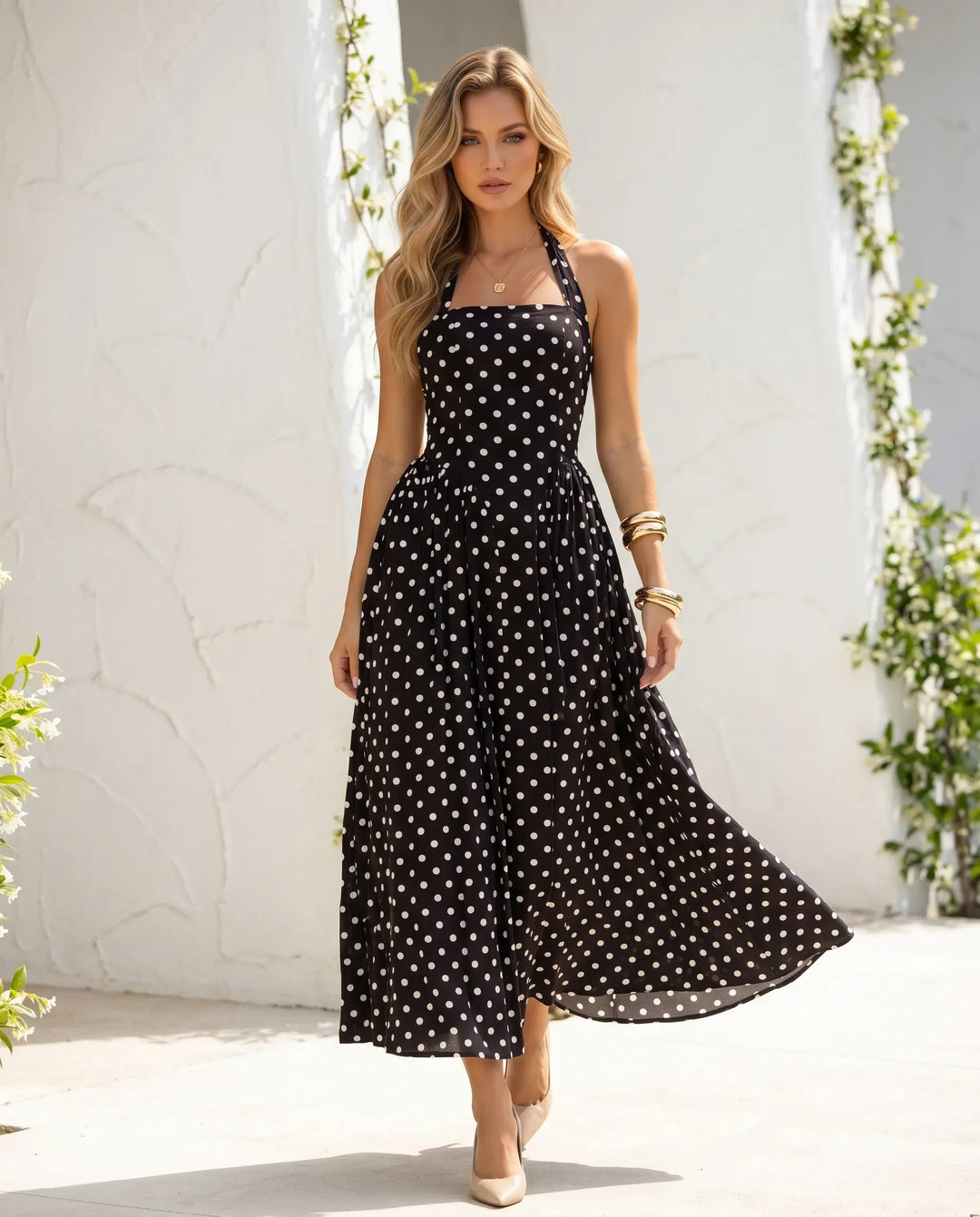 SOLACE  Black Polka Dot Backless Halter Neck A-Line Midi Dress 