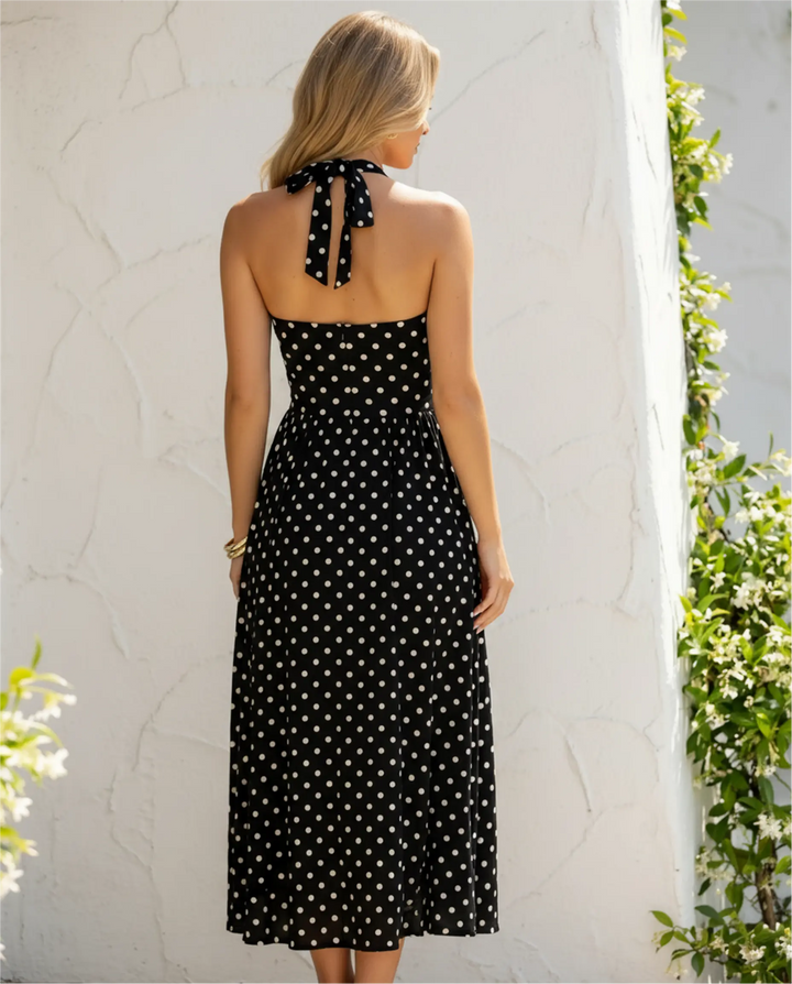 SOLACE  Black Polka Dot Backless Halter Neck A-Line Midi Dress 