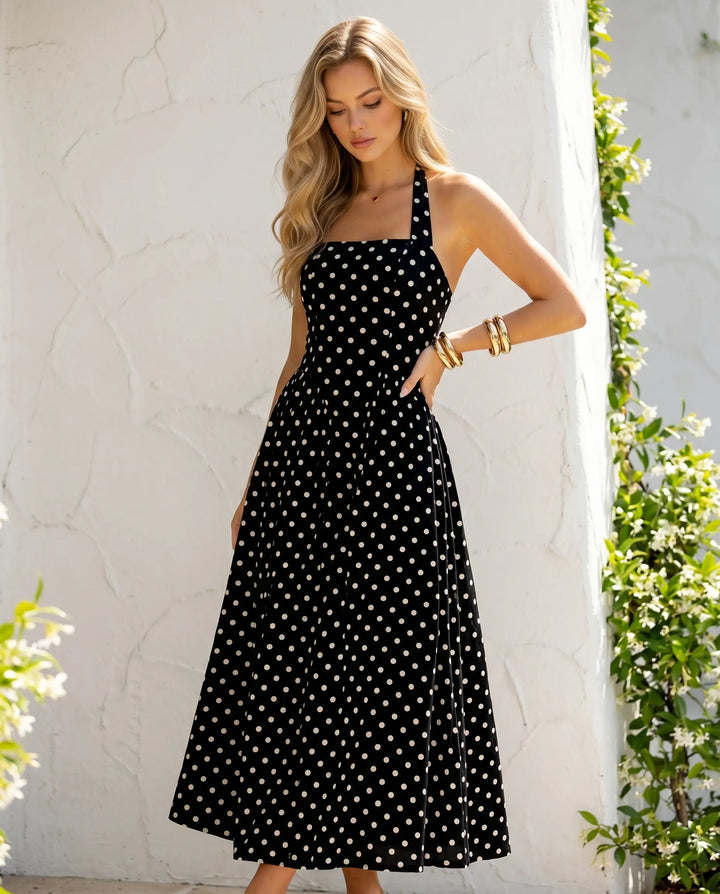 SOLACE  Black Polka Dot Backless Halter Neck A-Line Midi Dress 