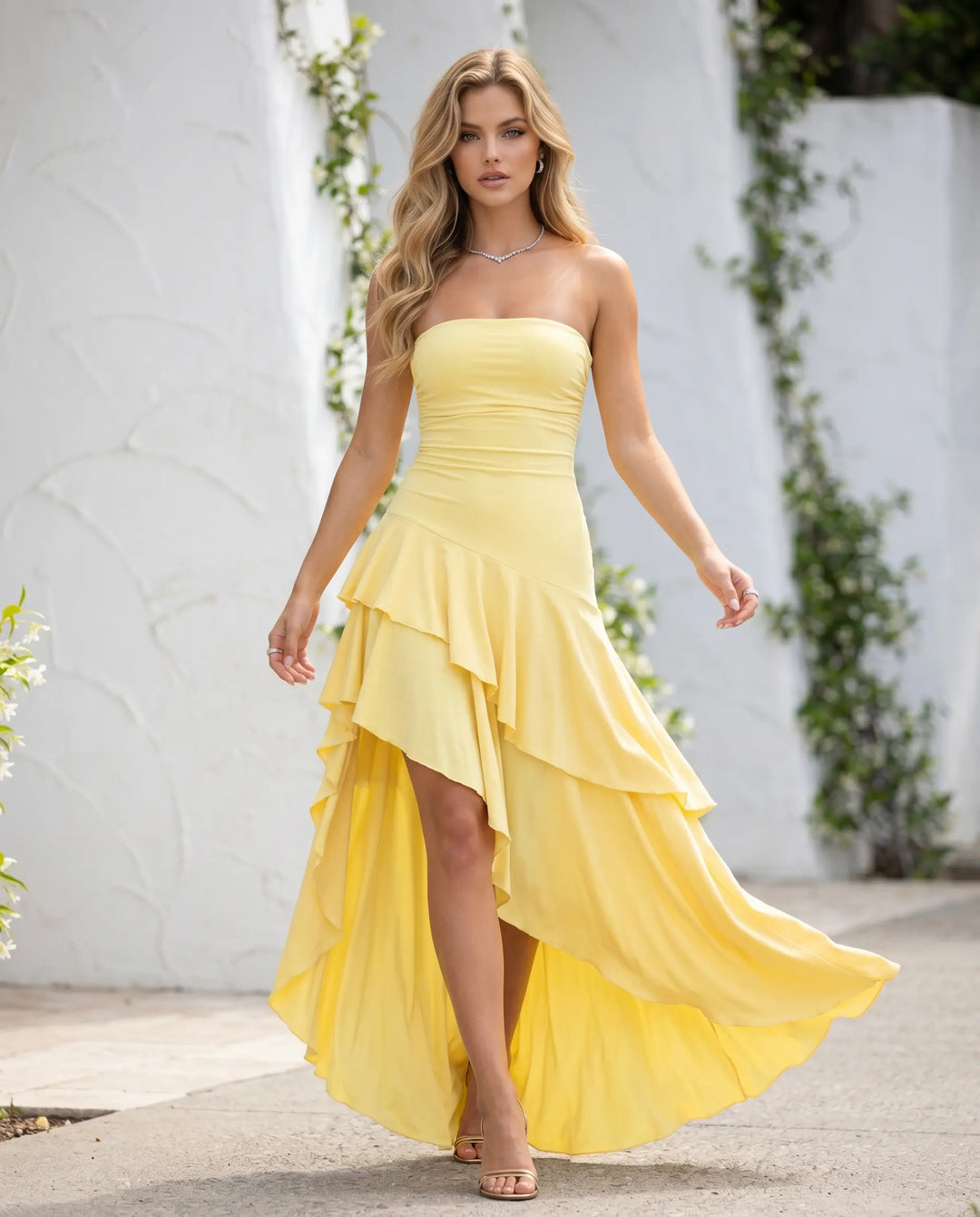 SOLACE  Yellow Ruched Strapless High-Low Ruffle Maxi Dress 