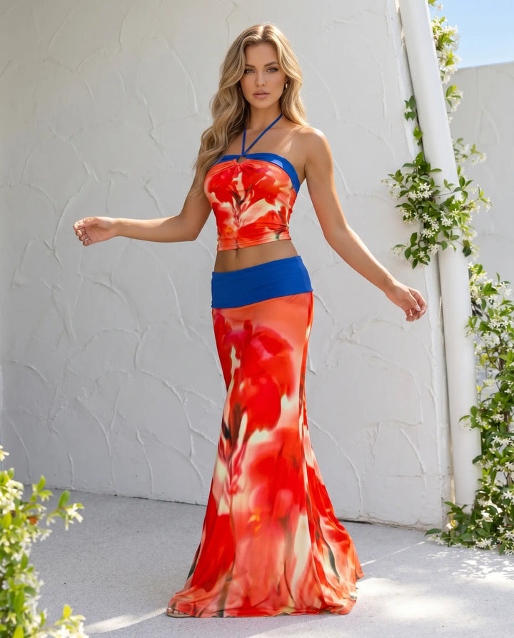 SOLACE  Red Floral Print Colorblock Milk Silk Cropped Halter Top And Maxi Skirt Set 