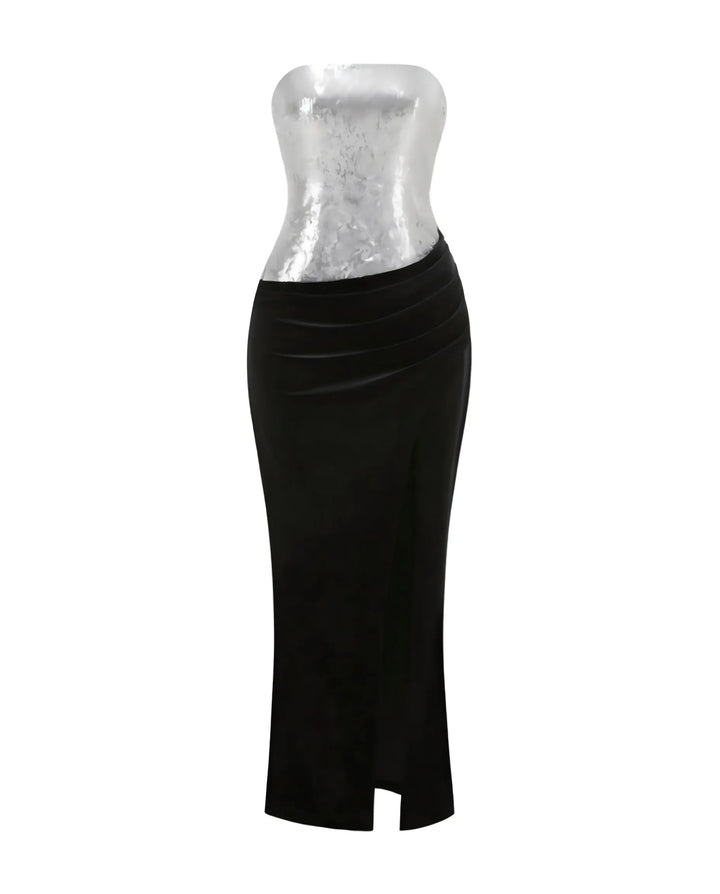 SOLACE  Silver Sequin Strapless Black Velvet High Slit Maxi Dress 