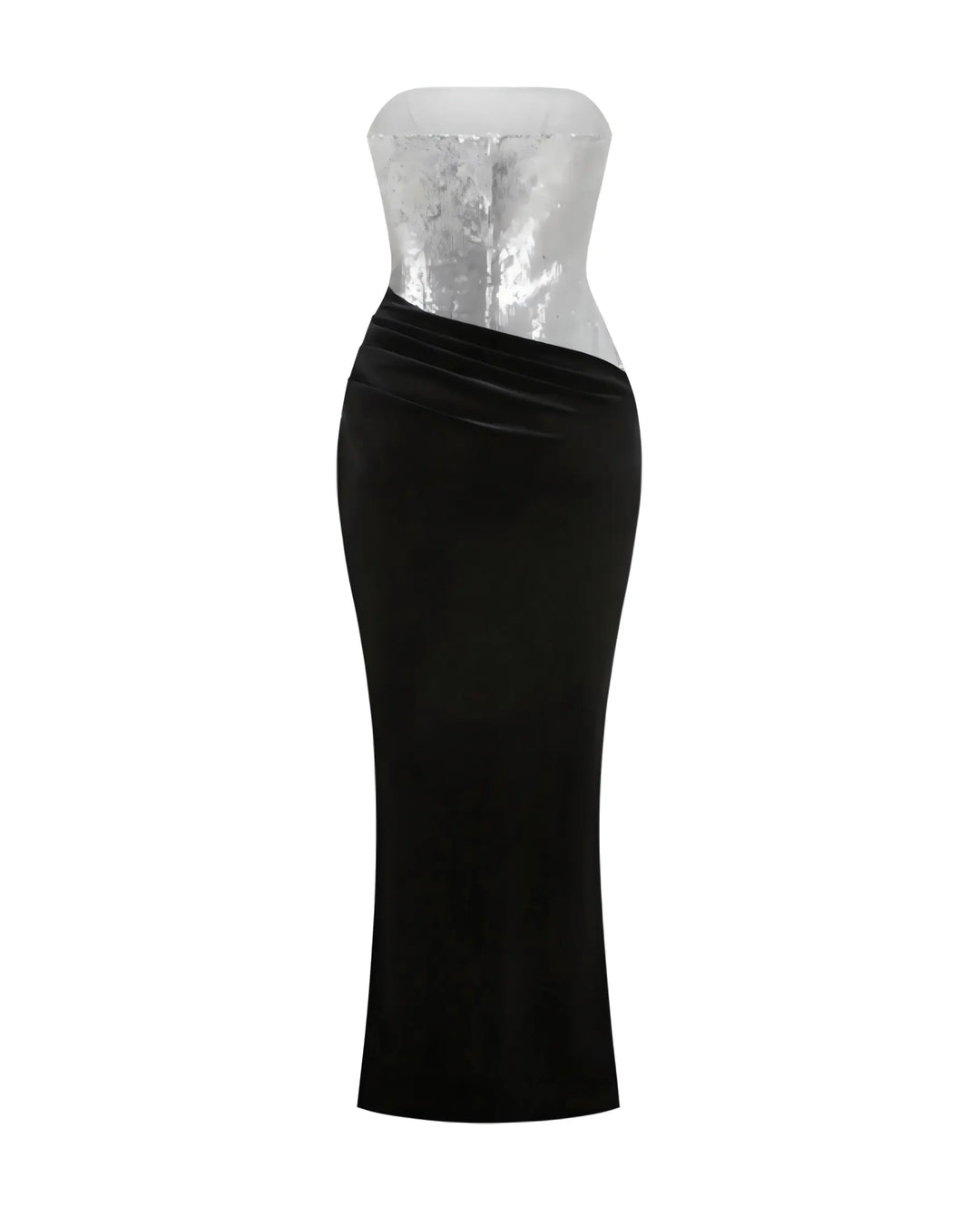 SOLACE  Silver Sequin Strapless Black Velvet High Slit Maxi Dress 