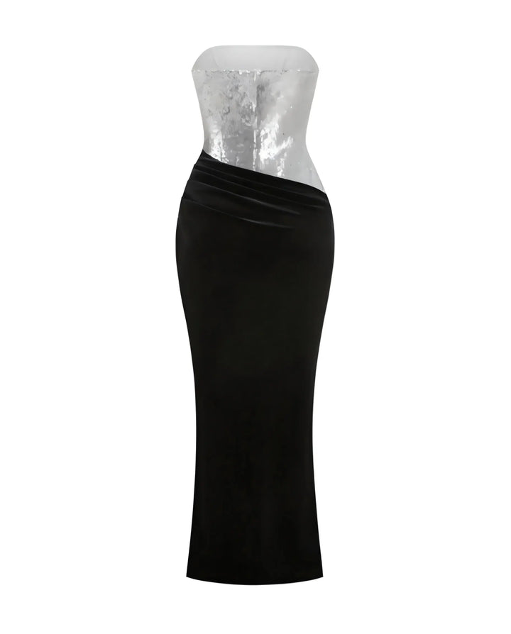 SOLACE  Silver Sequin Strapless Black Velvet High Slit Maxi Dress 