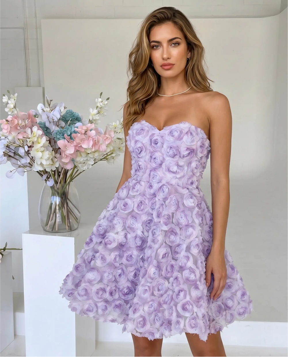 SOLACE  Purple Strapless 3D Rose A-Line Mini Dress 