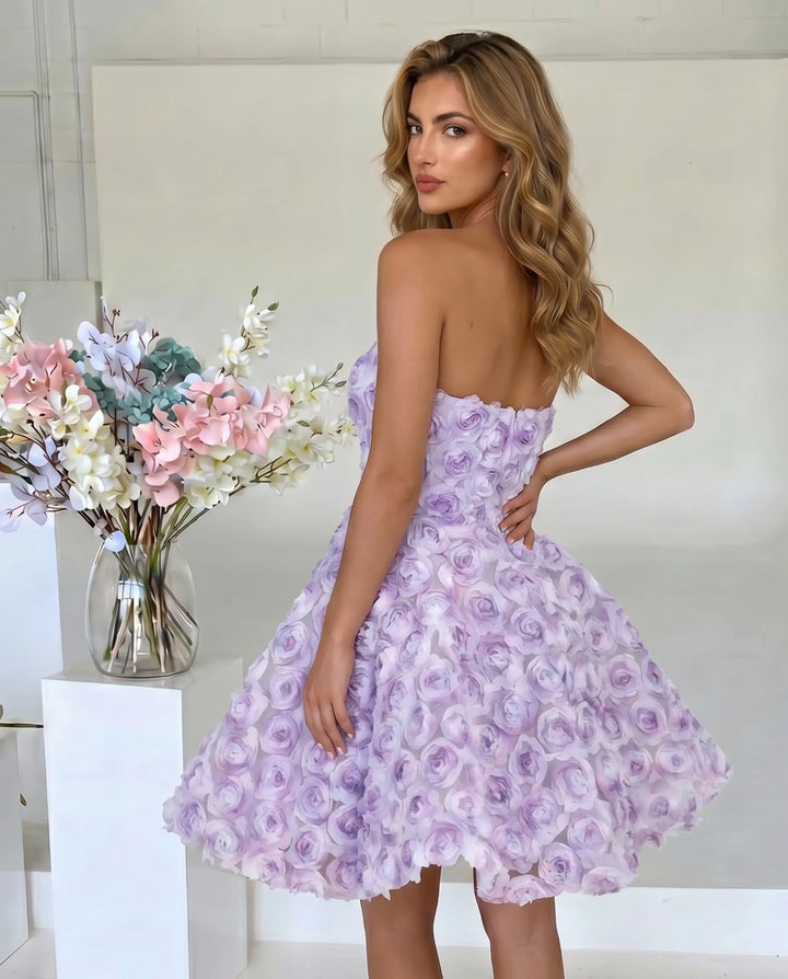 SOLACE  Purple Strapless 3D Rose A-Line Mini Dress 