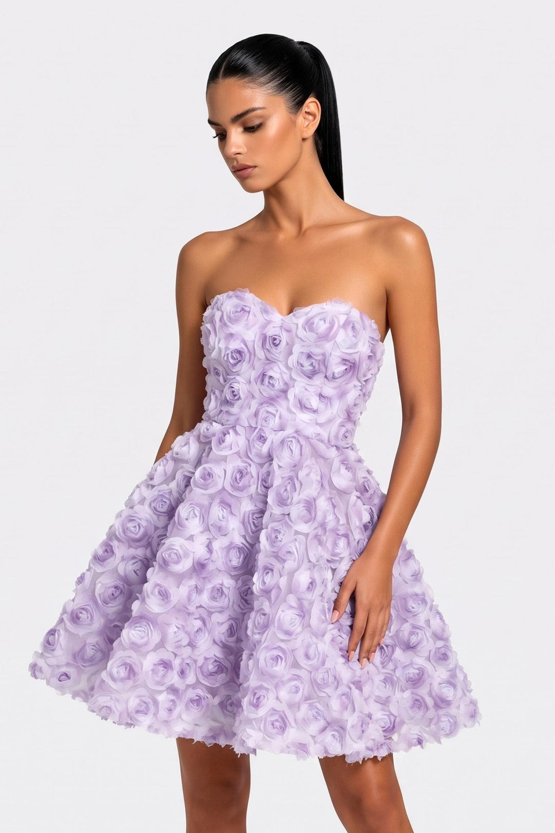 SOLACEPurple Strapless 3D Rose A-Line Mini Dress