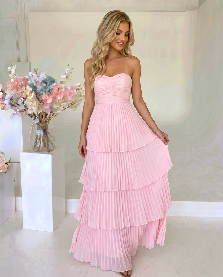 SOLACE  Pink Strapless Pleated Tiered Maxi Dress 