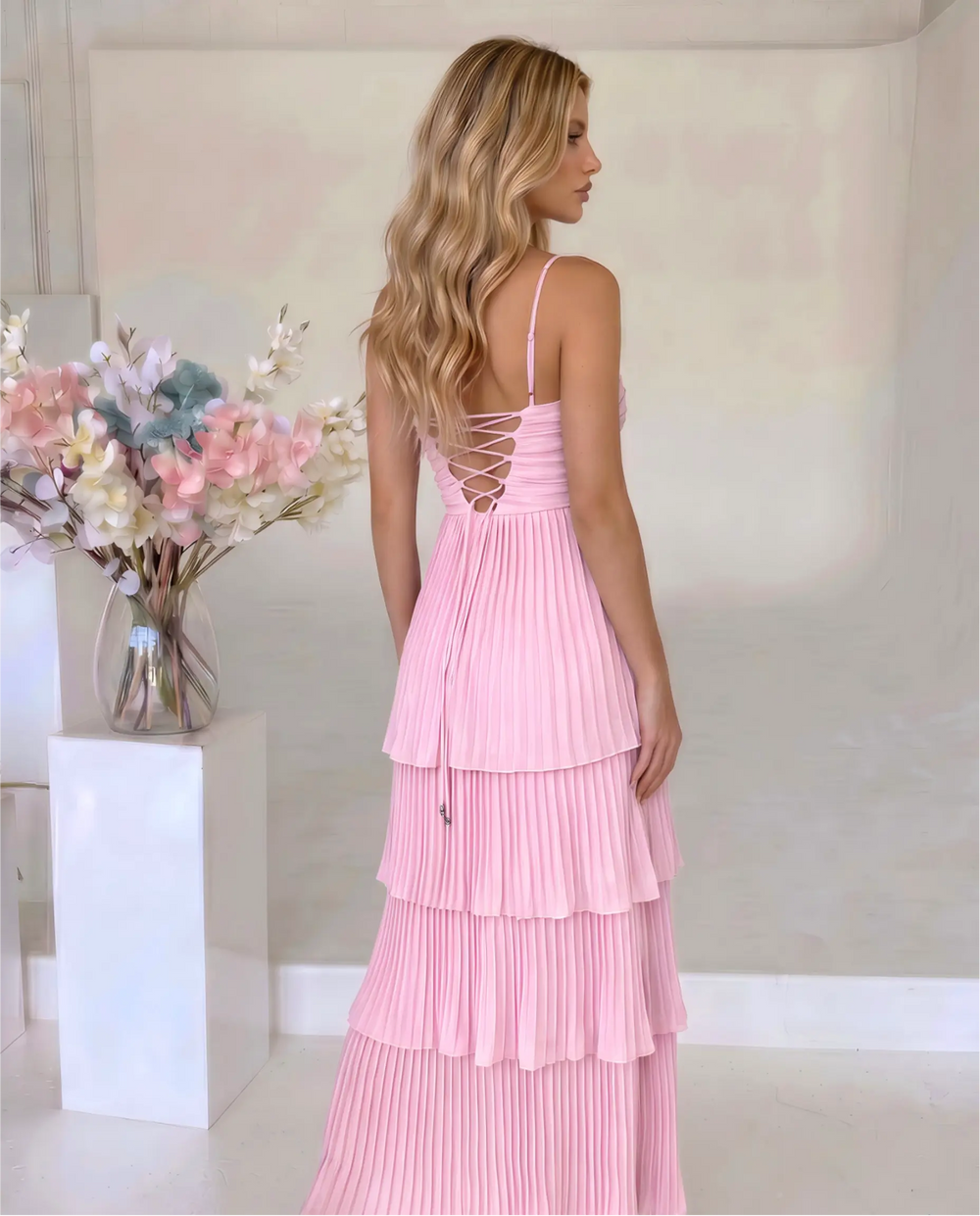 SOLACE  Pink Strapless Pleated Tiered Maxi Dress 
