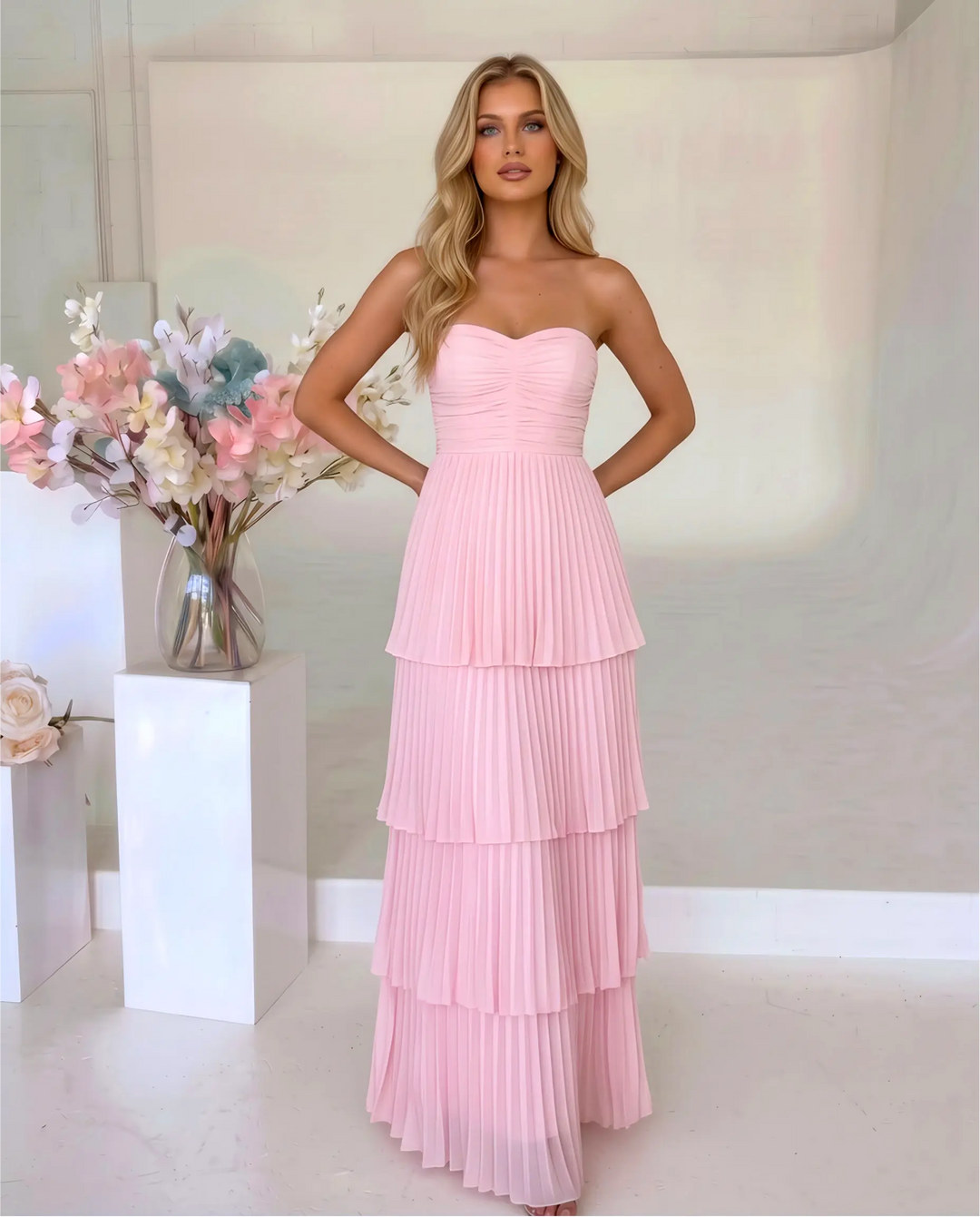SOLACE  Pink Strapless Pleated Tiered Maxi Dress 