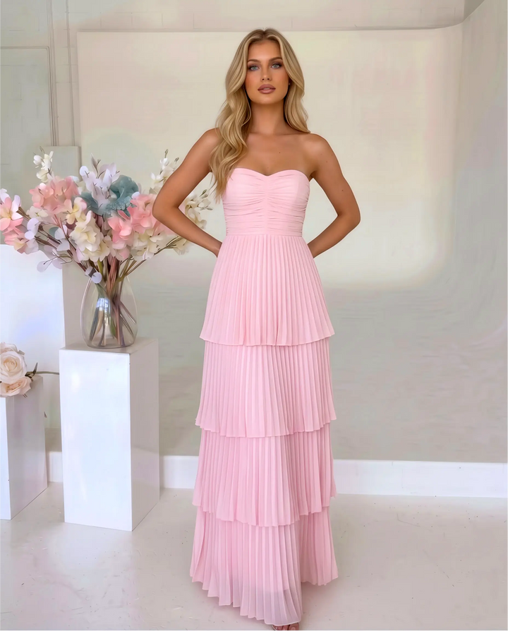SOLACE  Pink Strapless Pleated Tiered Maxi Dress 