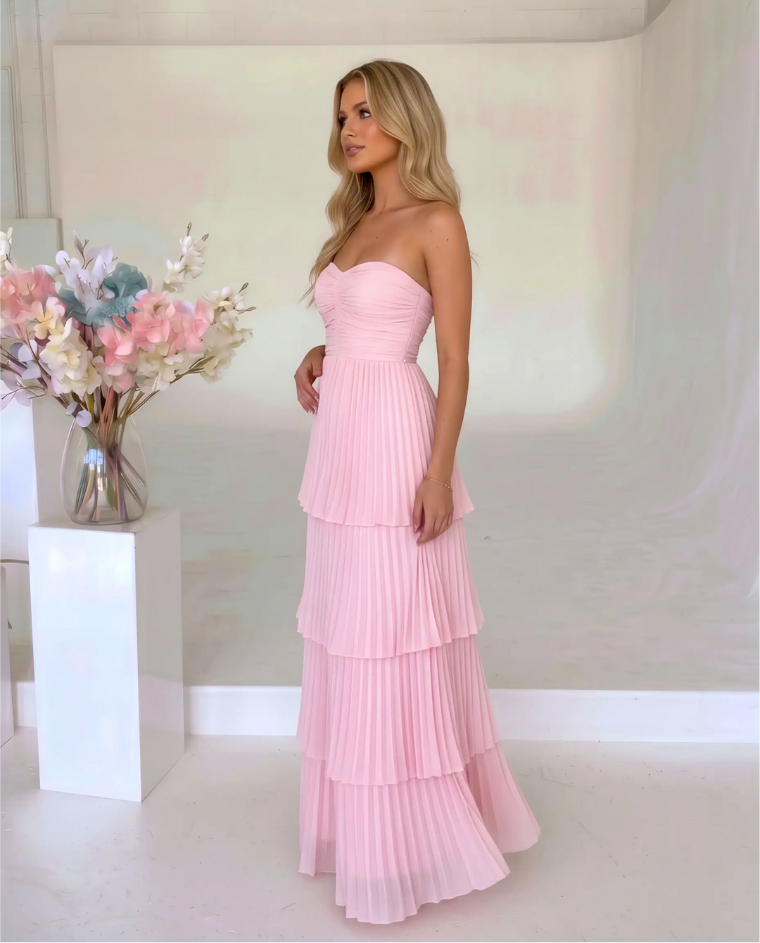 SOLACE  Pink Strapless Pleated Tiered Maxi Dress 