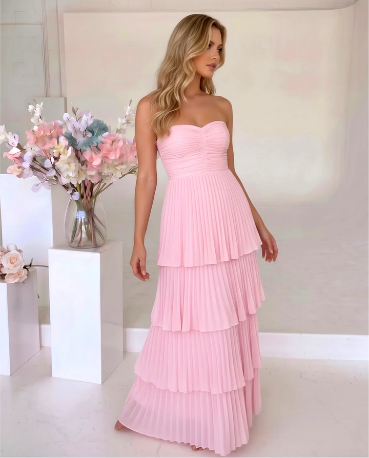 SOLACE  Pink Strapless Pleated Tiered Maxi Dress 