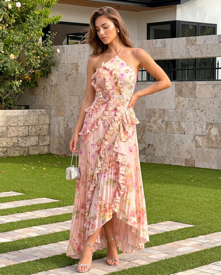 SOLACE  Pink Floral Print Halter Neck Pleated Ruffle Maxi Dress 