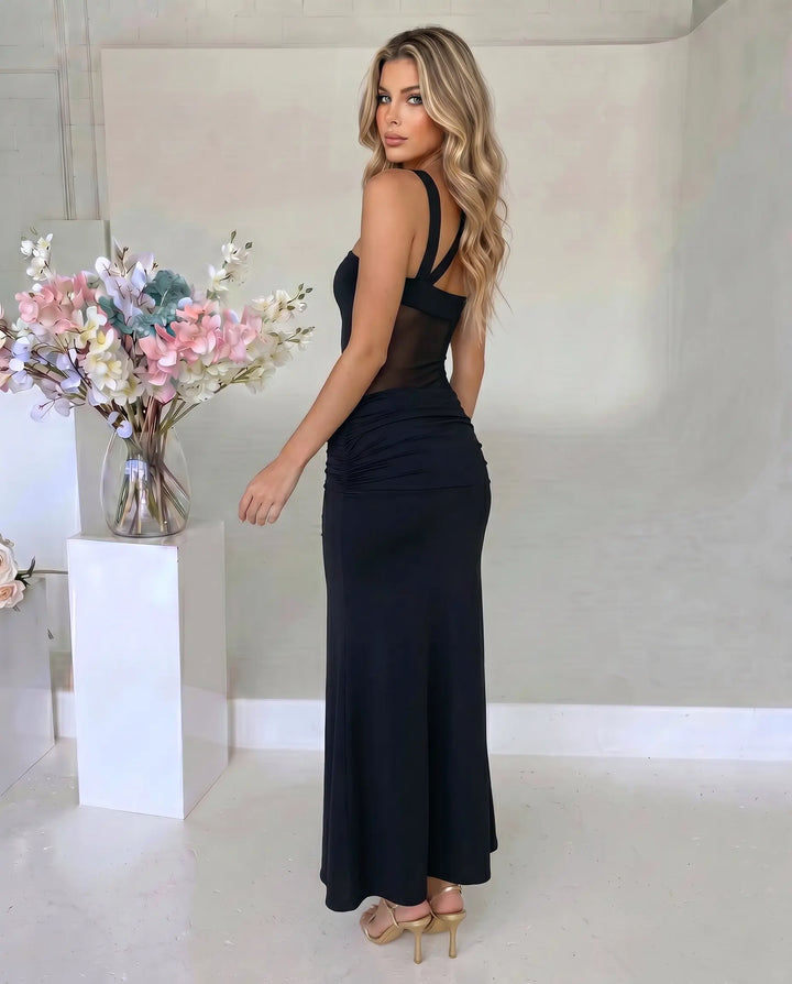 SOLACE  Black Mesh Cutout Ruched One Shoulder Maxi Dress 
