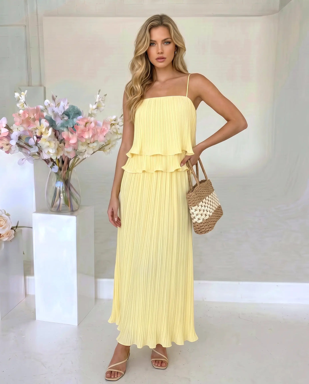 SOLACE  Yellow Tiered Ruffle Pleated Loose Fit Maxi Dress 