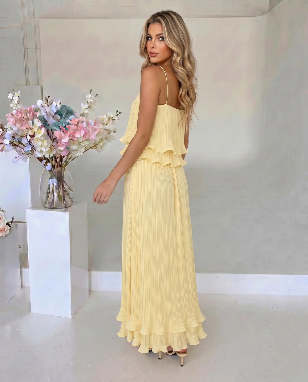 SOLACE  Yellow Tiered Ruffle Pleated Loose Fit Maxi Dress 