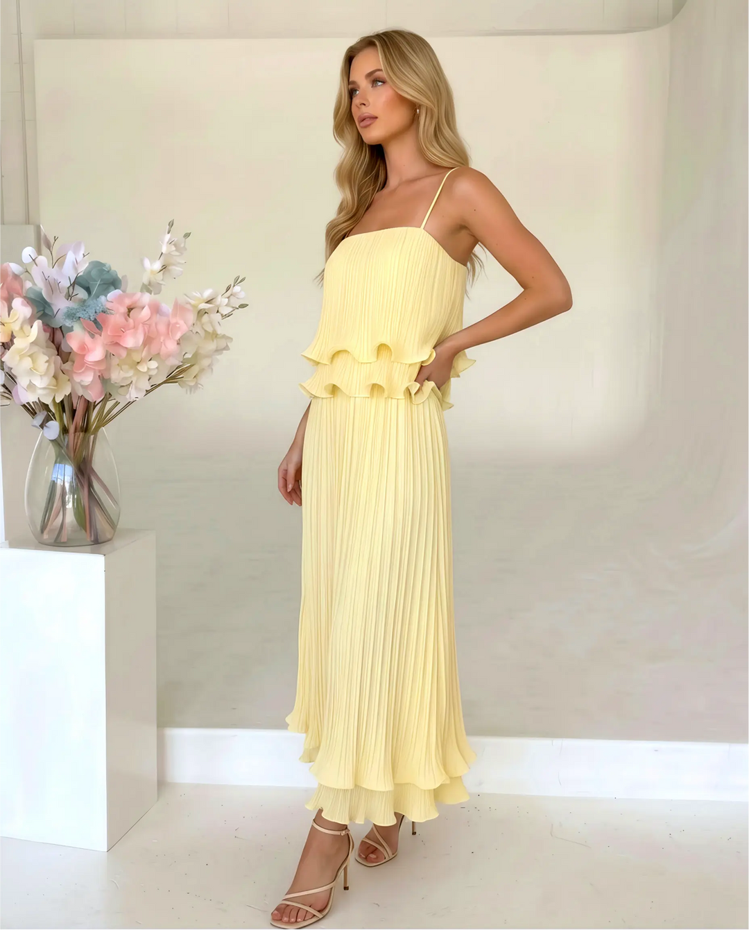 SOLACE  Yellow Tiered Ruffle Pleated Loose Fit Maxi Dress 