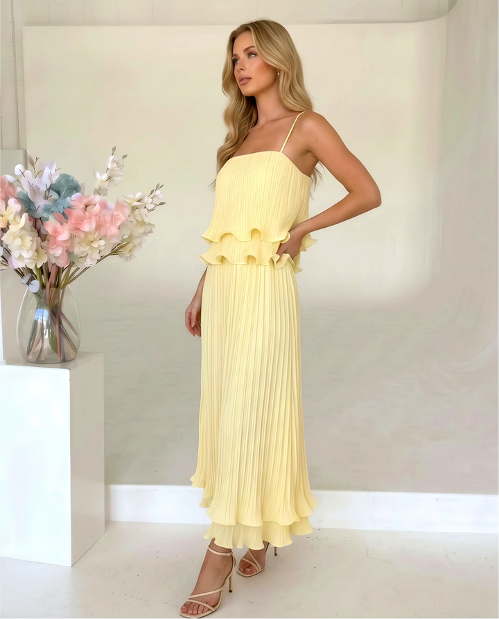 SOLACE  Yellow Tiered Ruffle Pleated Loose Fit Maxi Dress 