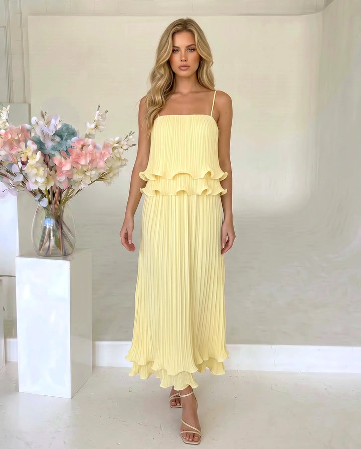 SOLACE  Yellow Tiered Ruffle Pleated Loose Fit Maxi Dress 