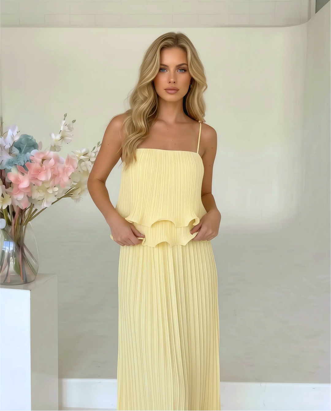 SOLACE  Yellow Tiered Ruffle Pleated Loose Fit Maxi Dress 