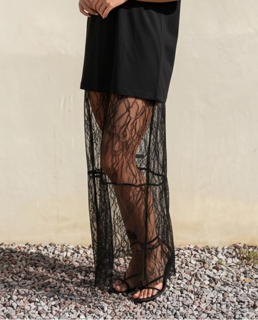SOLACE  Black Oversized T-Shirt with Sheer Lace Maxi Overlay Dress 