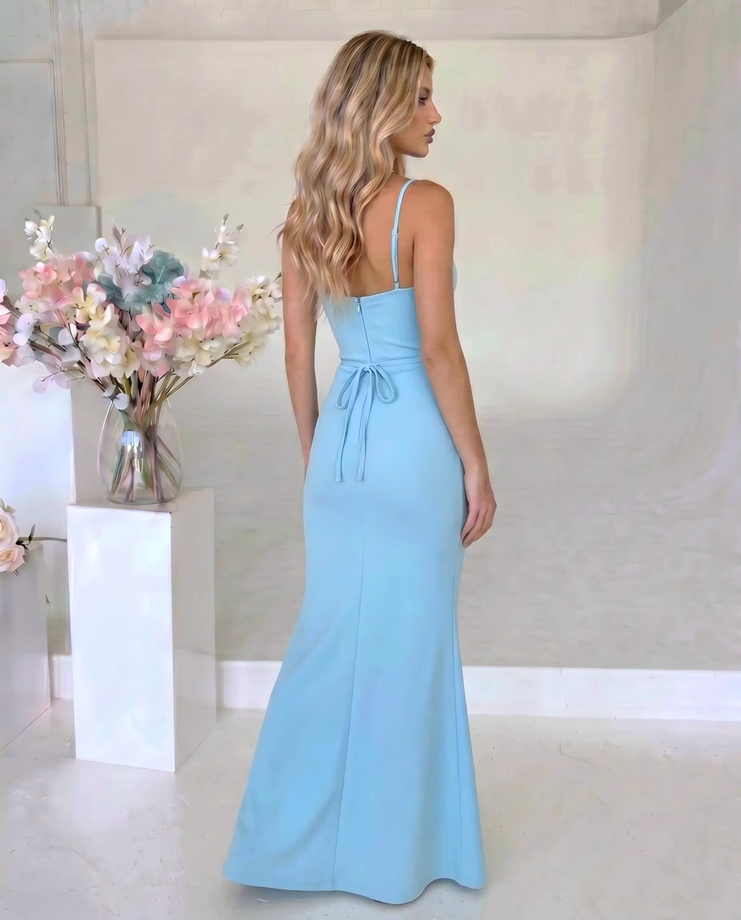 SOLACE  Light Blue Corset Bustier High Slit Mermaid Maxi Dress 