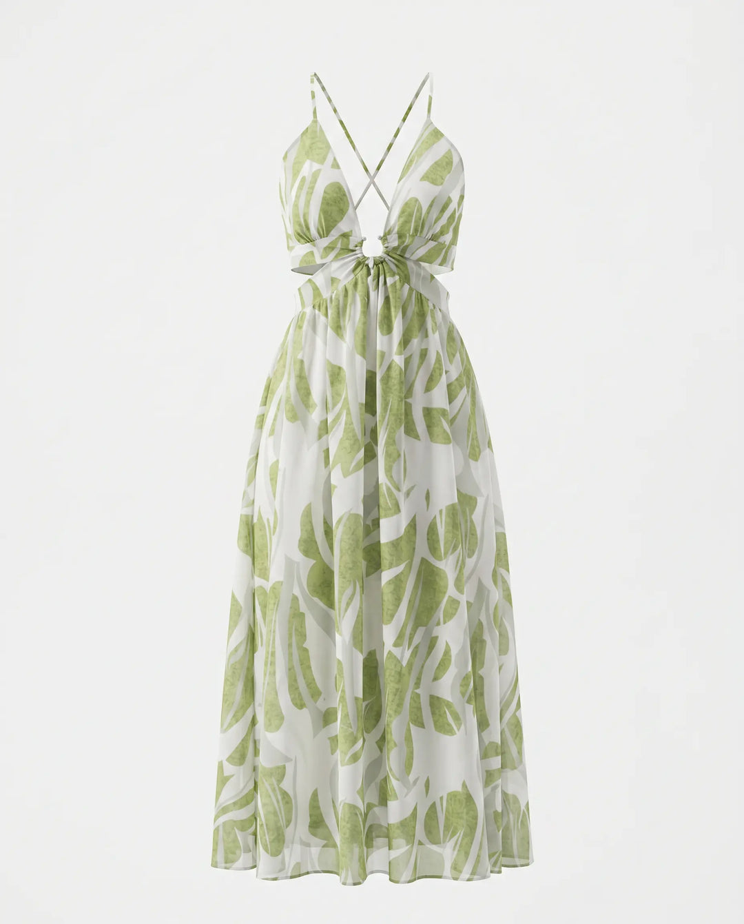 SOLACE  Green Leaf Print Spaghetti Strap Cutout Midi Dress 