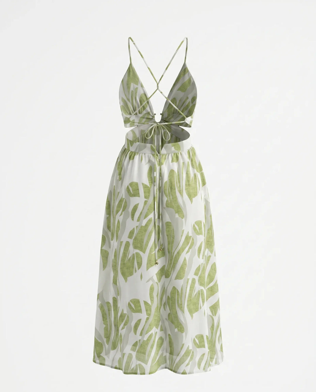 SOLACE  Green Leaf Print Spaghetti Strap Cutout Midi Dress 