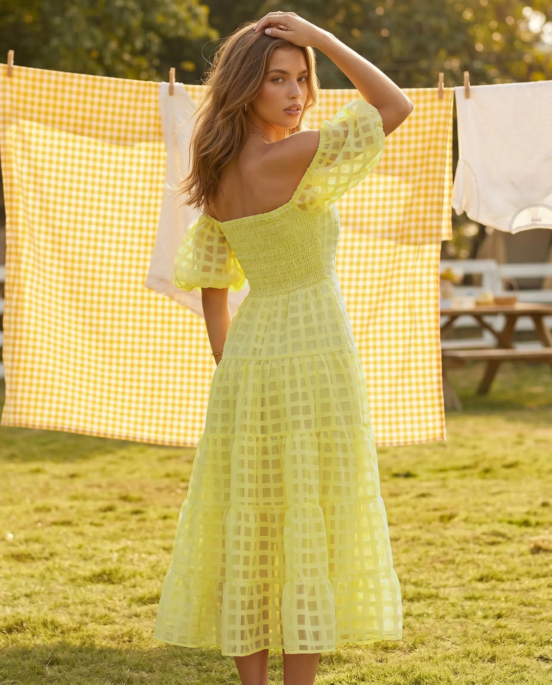 SOLACE  Plaid Pattern Off-Shoulder Puff Sleeve Tiered Midi Dress 