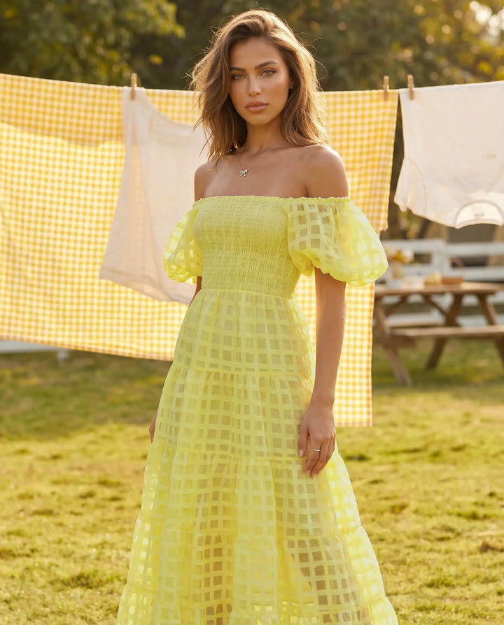 SOLACE  Plaid Pattern Off-Shoulder Puff Sleeve Tiered Midi Dress 