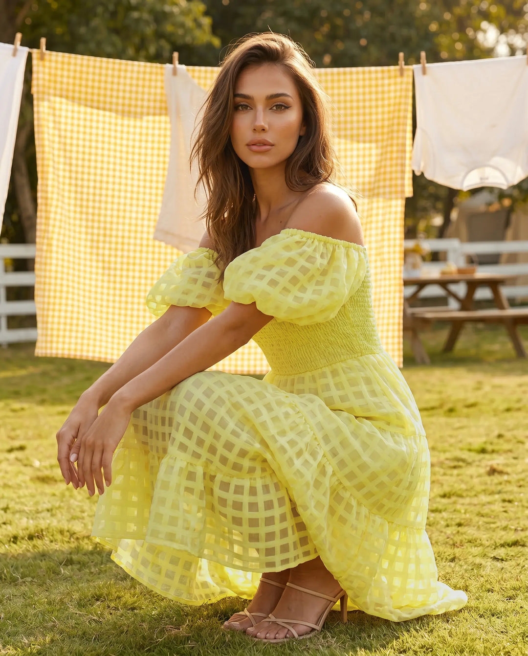 SOLACE  Plaid Pattern Off-Shoulder Puff Sleeve Tiered Midi Dress 