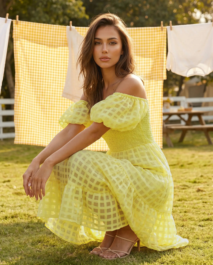 SOLACE  Plaid Pattern Off-Shoulder Puff Sleeve Tiered Midi Dress 