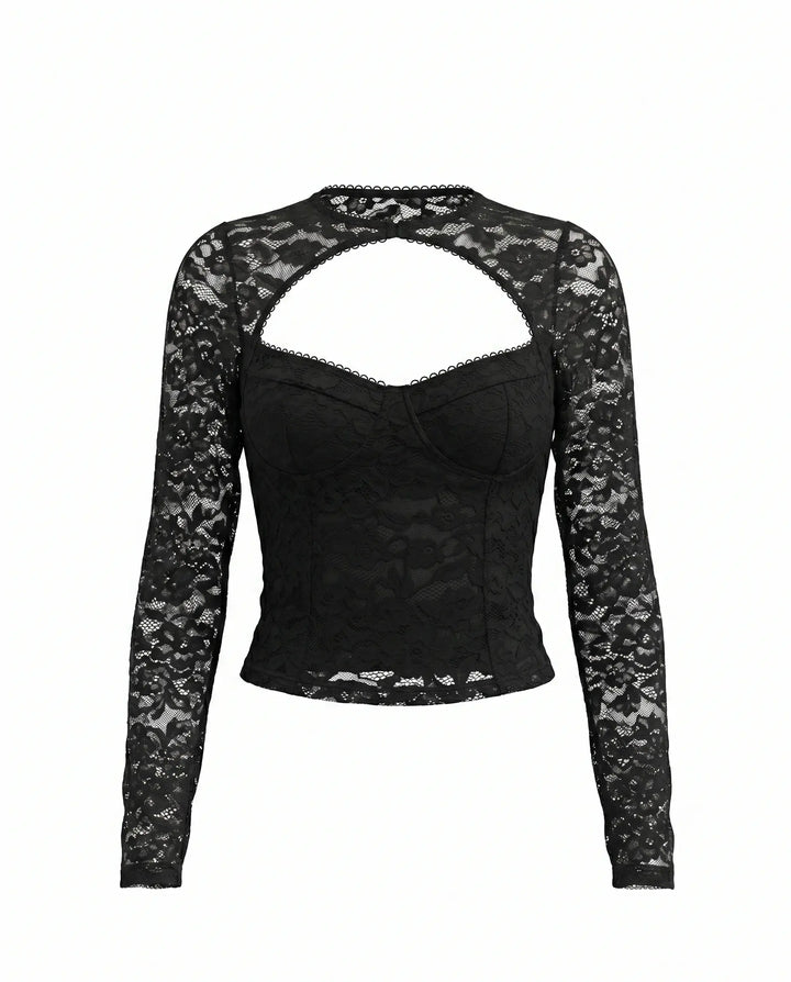 SOLACE  Black Lace Long-Sleeve Cutout Crop Top 