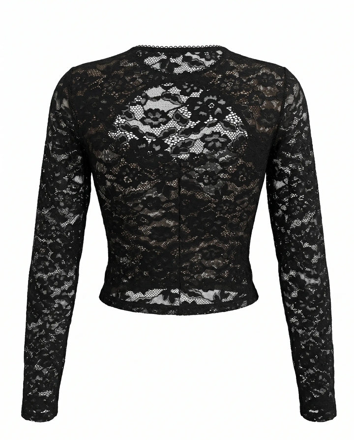 SOLACE  Black Lace Long-Sleeve Cutout Crop Top 
