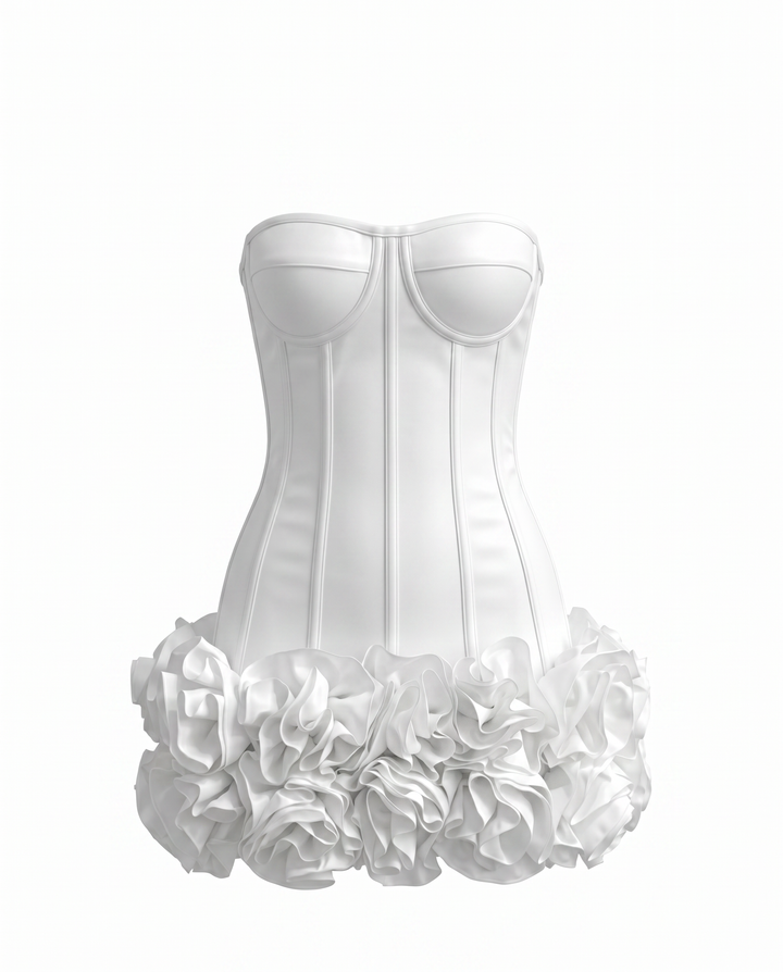 SOLACE  White Strapless Corset Ruffled Hem Mini Dress 