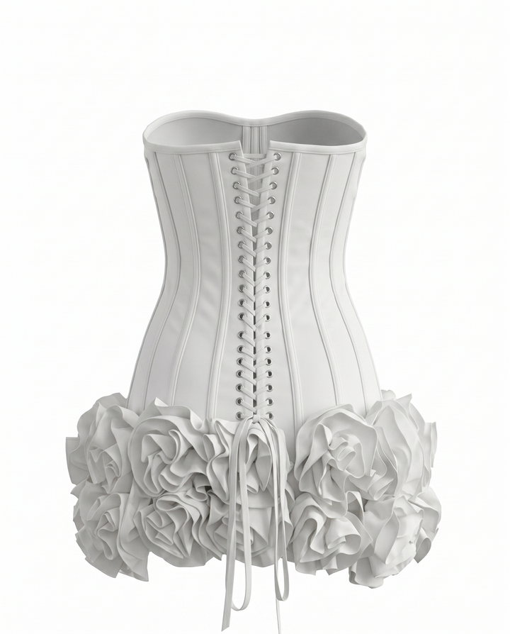 SOLACE  White Strapless Corset Ruffled Hem Mini Dress 