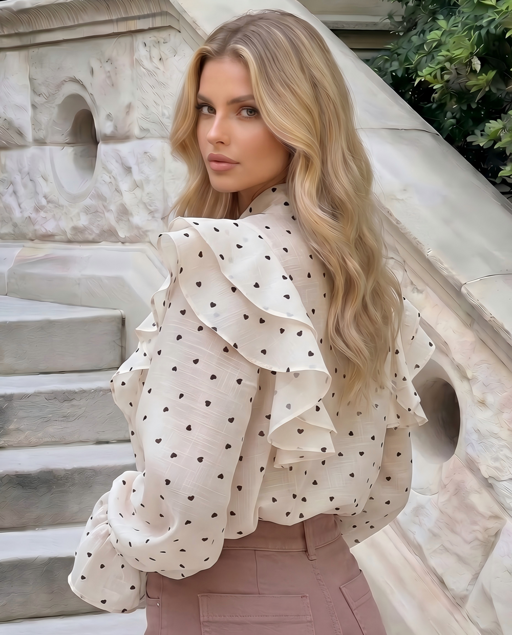 SOLACE  Beige Heart Print Neck Tie Ruffled Blouse 